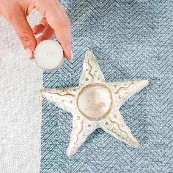Gold Whitewash Tea Light Candle - Starfish - Set of 2 w/Bees Wax Tea Lights NEW - Picture 3 of 8